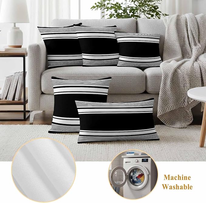 Outdoor Waterproof Throw Pillow Covers, Black Striped Decorative Pillow Cases, Modern Color Block Farmhouse Stripes Couch Pillow Protector Patio Sofa Cushion Covers Replacement 26"x26" 2 Pack