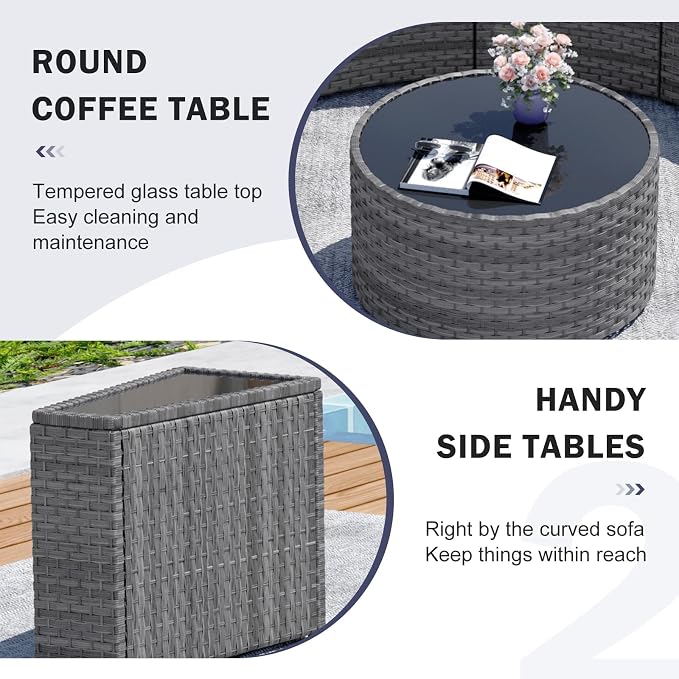 Restland Half Moon Patio Furniture Set with Tables,7 Pieces Wicker Outdoor Sectional Curved Sofas, Round Conversation Set, Grey Rattan