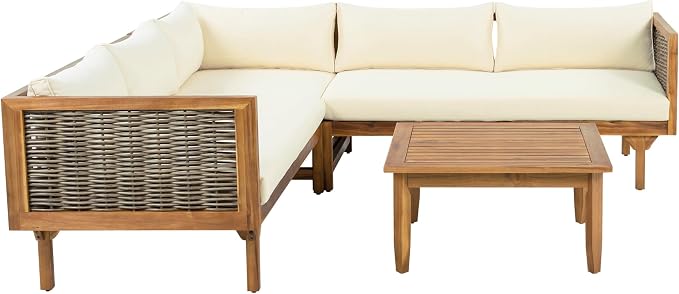 LUMISOL 4-Piece Outdoor Acacia Wood Sofa Set with Water Resistant Cushions, All Weather Patio Conversation Set with Coffee Table for Garden, Backyard, Poolside, Teak+Beige