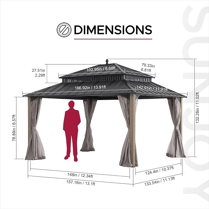 SUNJOY Kingston 14' x 12' Hardtop Wood Gazebo with Galvanized Steel Double Roof, Curtain and Netting, Cedar Posts Permanent Pavilion Gazebo for Garden, Patio, Deck, Lawn