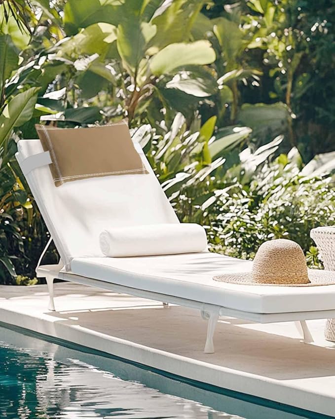 Chaise Lounge Chair Pillow with Strap & Insert Solid Color Outdoor Recliner Head Pillow Pack of 2 Khaki Farmhouse Vintage Waterproof Headrest Patio Lumbar Pillow for Beach Pool Office Chair 12x20 Inch