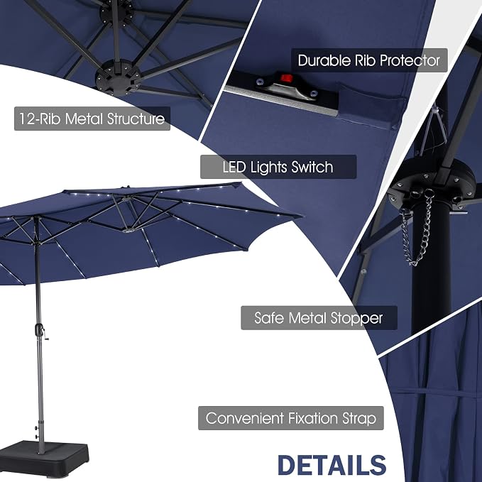 Tangkula 11 Pieces Patio Dining Set with 15ft Double-Sided LED Patio Umbrella (Base Included), Outdoor Rattan Furniture Set with 8 Stackable Chairs, Acacia Wood Dining Table and Umbrella (Navy)