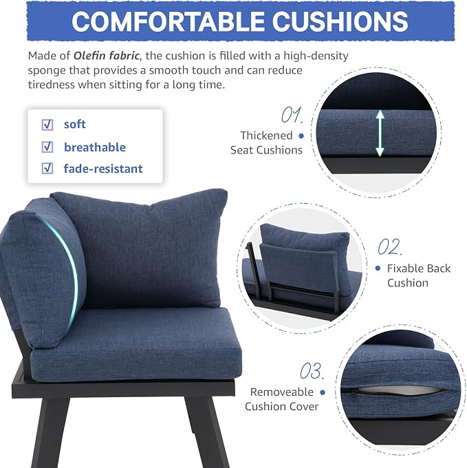 SUNSITT 4-Piece Outdoor Patio Furniture Set L-Shaped Aluminum Sectional Sofa with Faux Wood Grain Top Coffee Table, All-Weather Patio Conversation Set with Cushions, Blue