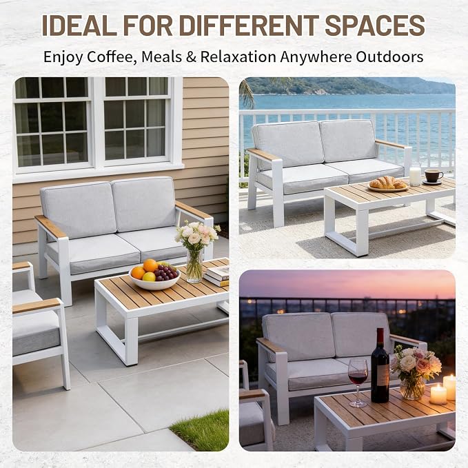 Aluminum Patio Furniture Set, Modern Metal Outdoor Conversation Sectional Sofa with Washable Thick Cushions, Coffee Table and Waterproof Cover (White, 1088-4seat)