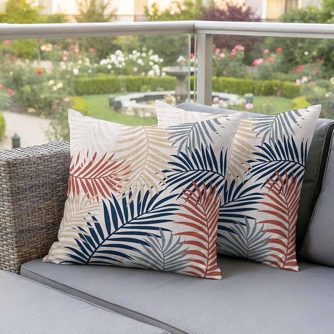 Outdoor Waterproof Throw Pillow Covers, Red Blue Yellow Palm Leaves Decorative Pillow Cases, Summer Botanical Tropical Leaf Couch Pillow Protector Patio Sofa Cushion Covers Replacement 18"x18" 2 Pack