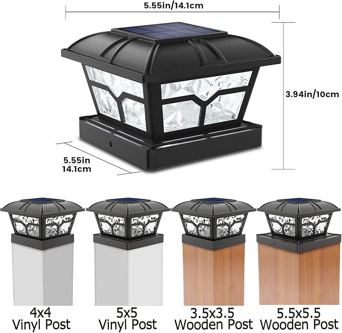 SIEDiNLAR Solar Post Cap Lights Outdoor 2 Color Modes 8 LEDs for 4x4 5x5 6x6 Posts Fence Patio Deck Decoration Warm White & Cool White Lighting Black (4 Pack)