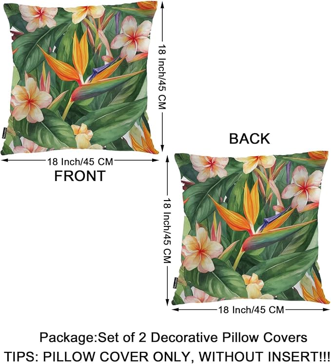 Swono Tropical Flowers Set of 2 Decorative Throw Pillow Covers Cushion Case, Exotic Bird of Paradise Floral Pillowcase Cozy Pillow Cover for Couch Sofa Bed Garden Chair Car 18 X 18 Inch