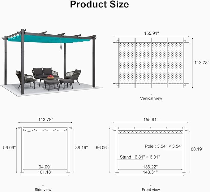 PURPLE LEAF 10' X 13' Outdoor Retractable Pergola with Sun Shade Canopy Patio Metal Shelter for Garden Porch Beach Pavilion Grill Gazebo Modern Yard Grape Trellis Pergola, Turquoise Blue