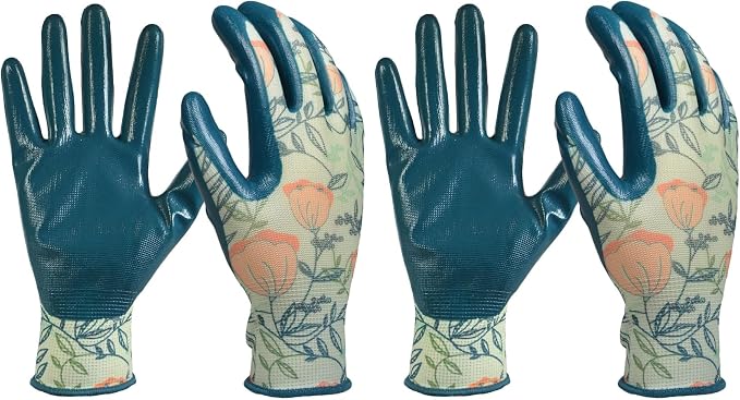 DIGZ Stretch Knit Garden Gloves with Nitrile Coating | Latex-Free Rubber Gardening Gloves | Color: Coral Floral | Size: Large (Pack of 2)