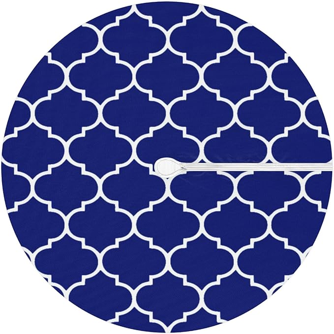 Fitted Round Tablecloth with Umbrella Hole and Zipper Navy Blue Outdoor Elastic Table Cloth 45"-56" Oil-Proof Waterproof Moroccan Patio Table Cover for Dining Picnic Party Camping