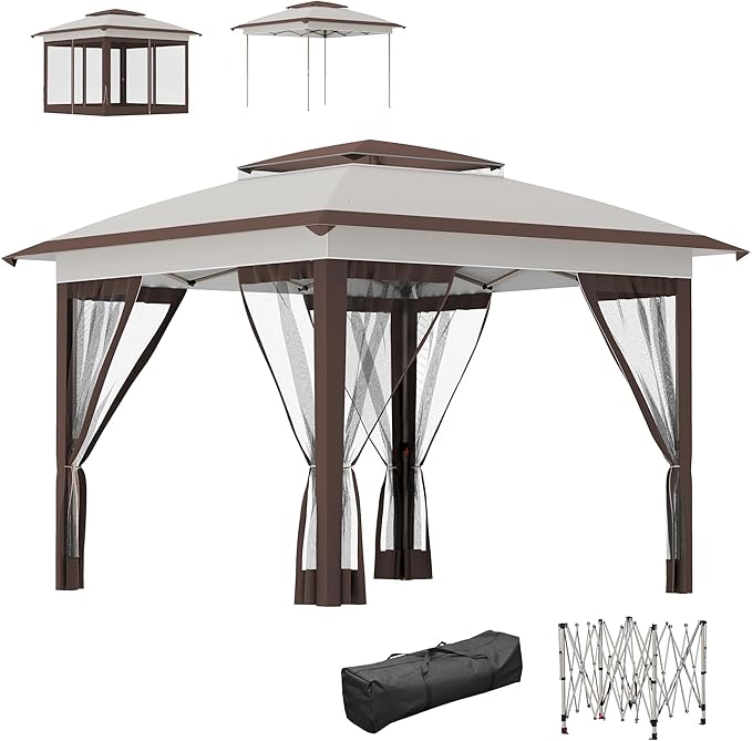 Outsunny 12' x 12' Pop Up Canopy Tent with Netting and Carry Bag, Instant Sun Shelter with 137 sq.ft Shade, Tents for Parties, Height Adjustable, for Outdoor, Garden, Patio, Beige and Brown