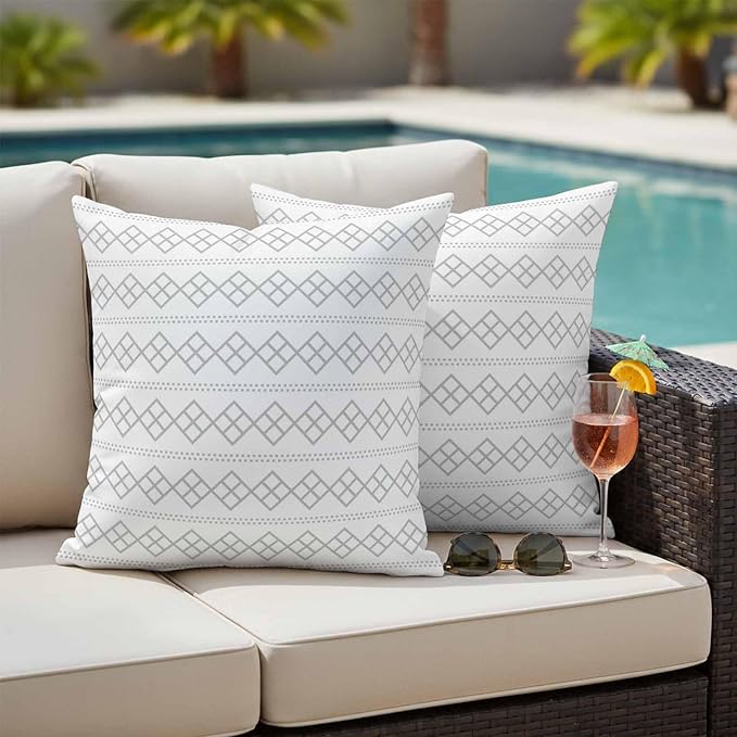 Grey Boho Outdoor Pillow Covers 16x16 Inch Throw Pillow Covers Set of 2 Waterproof Decorative Pillow Cases Vintage Ethnic Tribe Abstract Art Cushion Covers for Patio Furniture Garden Couch Sofa