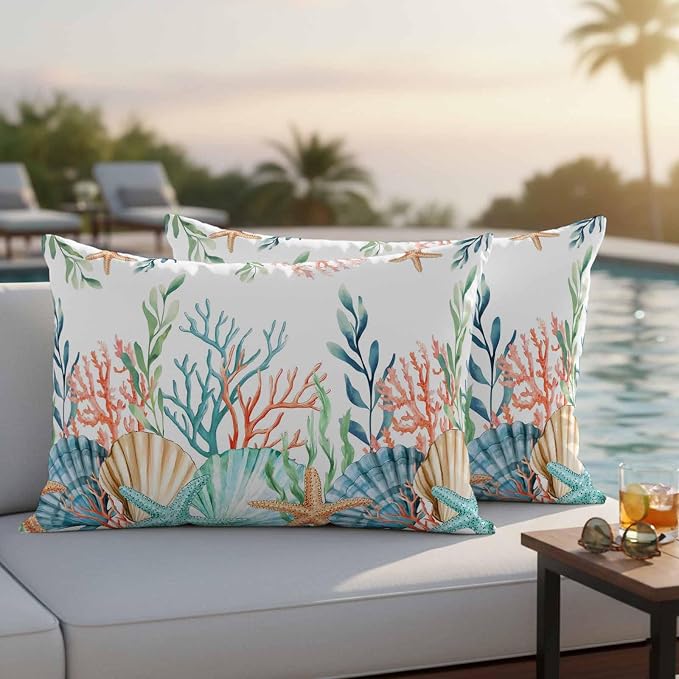 Lumbar Pillow Covers 20x12 Inch Set of 2, Marine Life Waterproof Outdoor Pillow Covers, Nautical Underwater Coral Shell Starfish Watercolor Decorative Cushion Pillowcases for Couch, Sofa, Bed, Patio