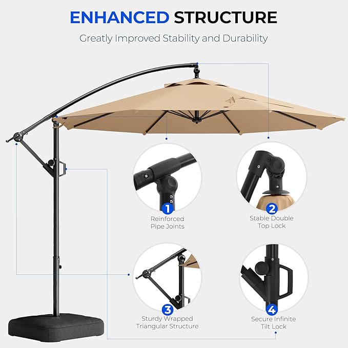 HOMSHADE 10ft Offset Patio Umbrella with Base Included, Cantilever Offset Hanging Patio Outdoor Market Umbrella UPF50+ UV Protection with Easy Tilt and Crank for Pool Deck and Garden(Beige)