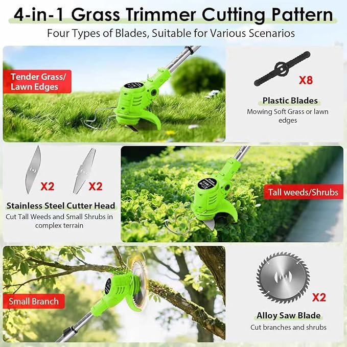 Cordless Garden Strimmers,Electric Cordless 48v Grass Strimmer with 2 X 2000mAh Battery, Adjustable Metal Blades,Garden Trimmer Telescopic Lightweight with Roller, 850W, for Gardens,Park Lawns (Green)