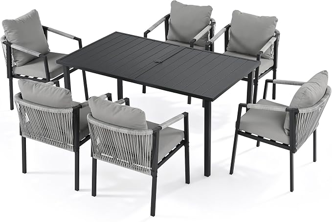 Patio Dining Set 7-Piece Woven Rope Rattan Dining Table and Chairs Set | Outdoor Metal Woven Wicker Rope Chairs with Cushions, All-Weather PE Rattan Outdoor Dining Set for Lawn Garden