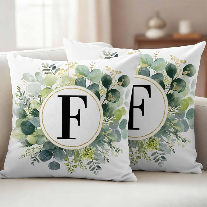 Letter F Waterproof Outdoor Pillow Covers Set of 2 Home Decor, Alphabet Green Eucalyptus Leaves Pillowcase Patio Pillow Covers for Couch Bench Patio Furniture Garden 18x18in