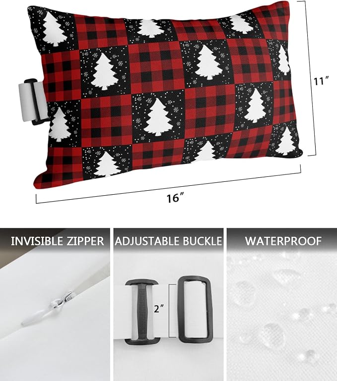 Outdoor Pillows Covers with Inserts Winter Christmas Tree Red Black checkered Waterproof Recliner Pillow with Adjustable Strap Throw Pillows for Patio Furniture Pool Lounge Chair, 11x16 inch, 2PCS