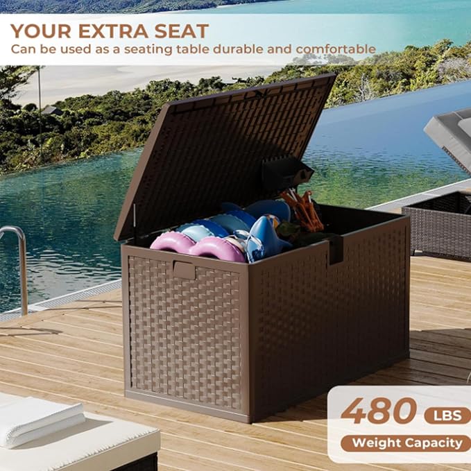 73 gal Brown Resin Deck Box, Outdoor Storage Box with Lockable Lid & Weatherproof Design, Extra Large Patio Storage Container for Garden Tools, Pool Toys, Furniture Cushions, Brown