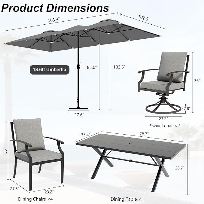 8 Pieces Patio Dining Set,Metal Outdoor Furniture Set Includes 13.6FT Grey Umbrella,Hole Cut-Out 78.7" x 35.4" Table and 6 Metal Backrest Chairs for Backyard,Garden,Grey