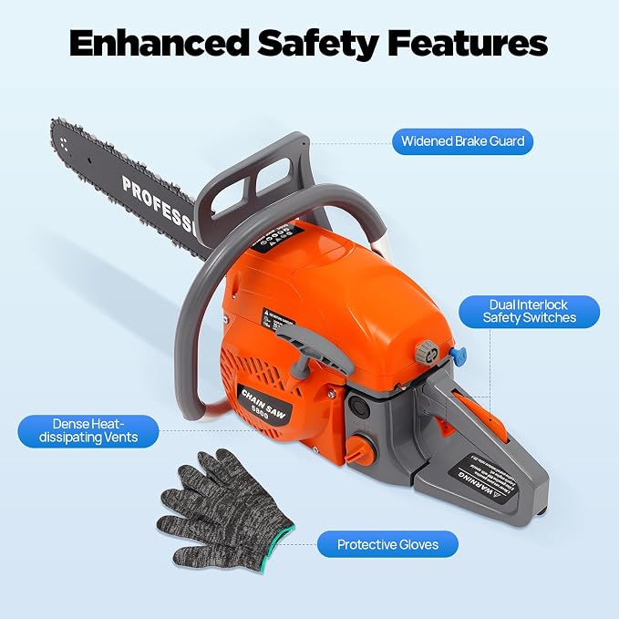 Gas Chainsaw 20 Inch, 58CC 2 Stroke Gasoline Powered Chainsaw, Single Cylinder Air-cooled Handheld Cordless Petrol Chain Saws for Cutting Wood Outdoor Garden Farm Home