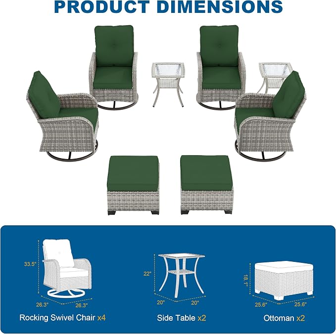 8-Piece Small Patio Furniture Set, Outdoor Swivel Rocking Chairs Set with Ottomans, Patio Bistro Set for Balcony, Deck, Porch, Dark Green