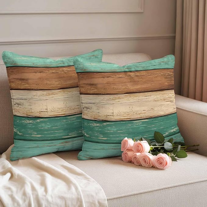 Farmhouse Teal Brown Outdoor Waterproof Pillow Covers, Vintage Wooden Striped Decorative Square Throw Pillowcase Sofa Cushion Sham for Patio/Couch/Chair, 20"x20" 2 Pack