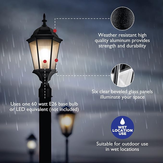 Design House Oak Creek Outdoor Post Light, Textured Black Post Lantern with Clear Beveled Glass, E26 Medium Base, Wet Rated Exterior Lamp for Driveways, Walkways, Porches & Patios, 589192-TBK | Post Mount, Traditional, Aluminum, Lighting, 589192-TBK