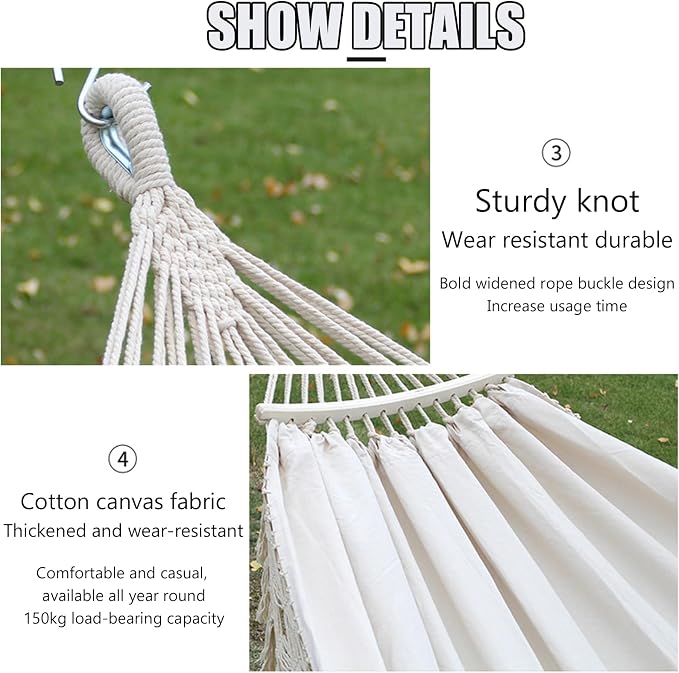 Handmade Cotton Woven Hammock, Portable Boho Canvas Swing with Tassels for Indoor and Outdoor Use, Perfect for Patio, Yard, Garden, and Camping