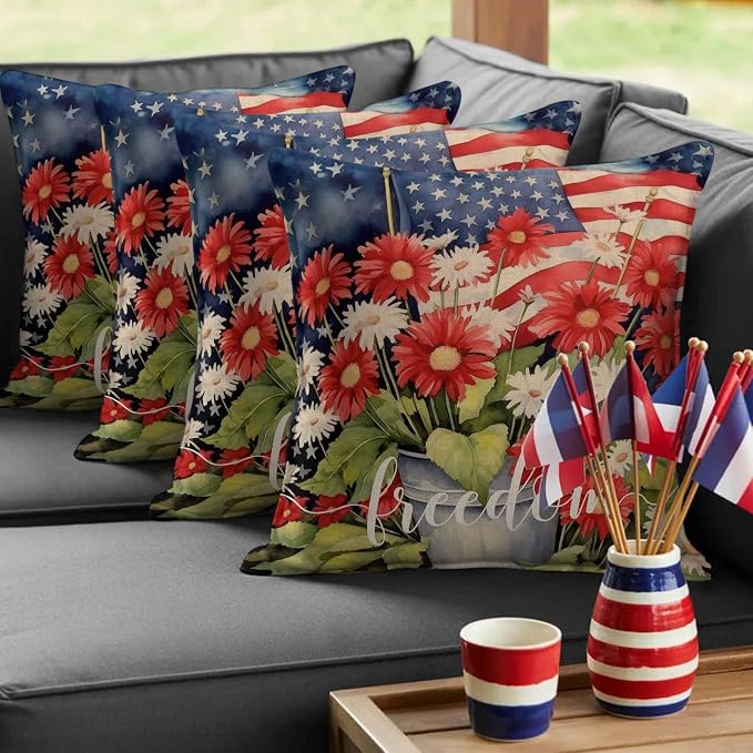 Independence Day Patriotic Flag Outdoor Pillow Covers 18x18in Pack of 2 Waterproof Pillowcase Blossom Flower Green Leaves Decorative Throw Cushion Case for Patio Couch Sofa