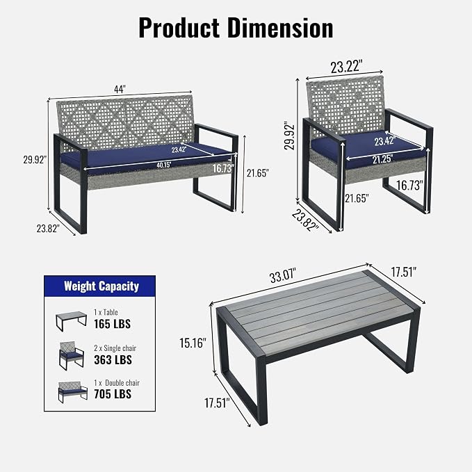 4 Pieces Patio Furniture Set Outdoor Furniture Set with Table, Wicker Patio Conversation Sets with Soft Cushion with 1 Spacious Souble Chair and 2 Single Chairs for Home, Garden, Lawn (Light Gray)