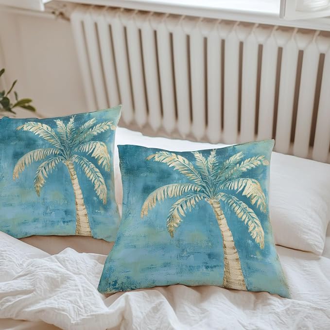 Coastal Beach Tree Teal Blue Outdoor Waterproof Pillow Covers, Vintage Summer Palm Tree Decorative Square Throw Pillowcase, Tropical Botanical Sofa Cushion Sham for Patio/Couch/Chair, 16"x16" 2 Pack