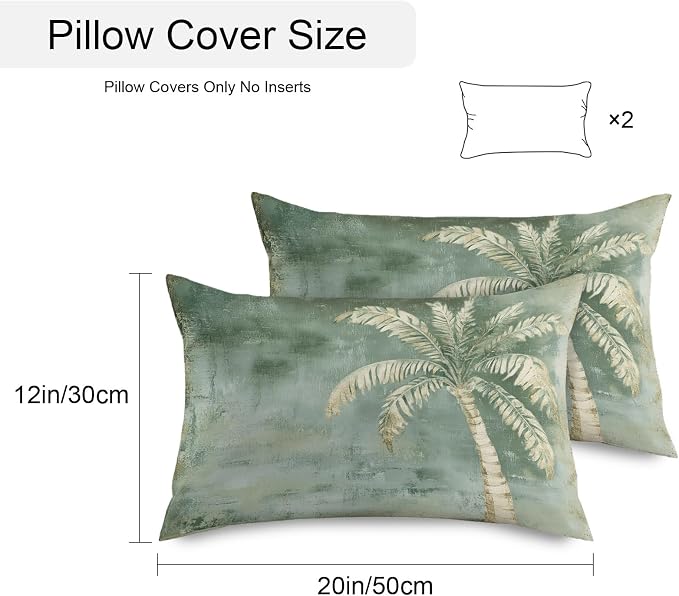 Coastal Beach Tree Sage Green Outdoor Waterproof Pillow Covers, Vintage Summer Palm Tropical Botanical Decorative Rectangle Throw Pillowcase Sofa Cushion Sham for Patio/Couch/Chair, 20"x12" 2 Pack