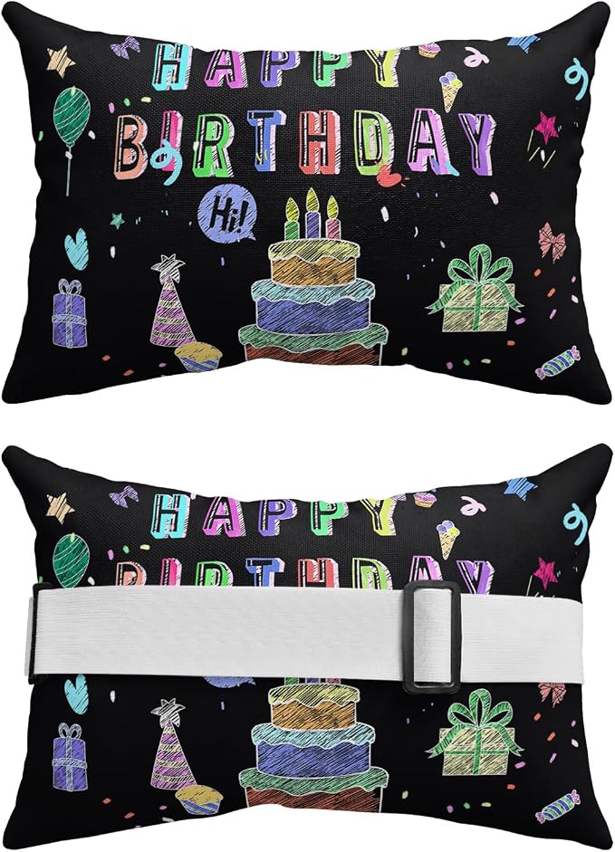Outdoor Pillows Covers with Inserts Happy Birthday Cake Firwoks Black Waterproof Recliner Pillow with Adjustable Strap Throw Pillows for Patio Furniture Pool Lounge Chair, 11x16 inch, 1PCS