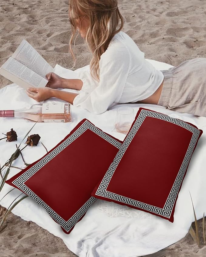 Prime Leader Outdoor Waterproof Pillow Covers Set of 2, Chinese Style Pattern Red Background Patio Throw Pillow Covers, Decorative Cushion Case for Couch Sofa Furniture Garden, 20x12 Inch