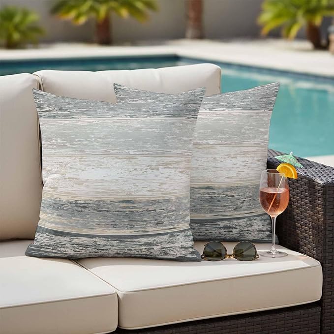 Dark Gray Outdoor Pillow Covers 20"x20" Set of 2, White Gradient Rustic Striped Minimalist Country Waterproof Throw Pillow Covers for Patio Furniture, Decorative Cushion Covers for Porch