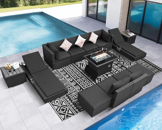 NICESOUL 13 Piece Patio Sectional w/Fire Pit, Modular Wicker Outdoor Couch w/Chaise Lounge, Large Size 29.3'' High-Back Deep Conversation Seating, All-Weather Backyard Movie Furniture, Dark Grey