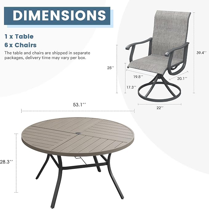 DIFY Patio Table and Chairs Set for 6, 7 Piece Outdoor Dining Set, 53.1" Grey Wood-Like Round Metal Dining Table with Umbrella Hole and 6 Grey Textilene Swivel Patio Chairs, for Garden Backyard Deck