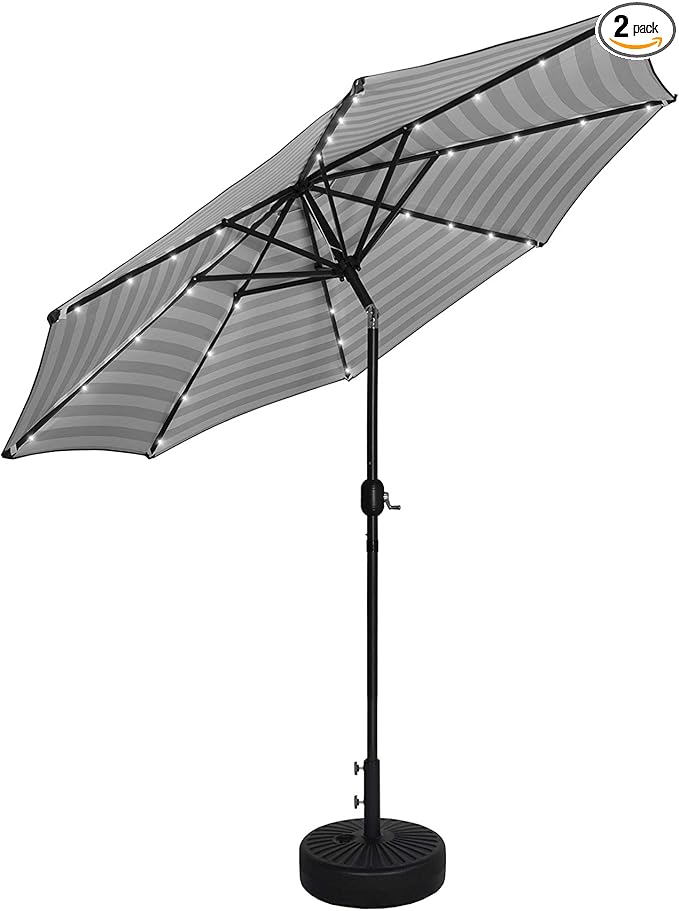 WO Home Furniture 9 Ft Patio Solar Power LED Lights Market Umbrella with Black Color Round Free Standing Weight Base kit, Black/White