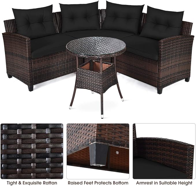 COSTWAY 4-Piece Patio Furniture Set, Wicker Rattan Sofa with Cushions and Coffee Table, Outdoor Sectional Conversation Sofa Set for Poolside Backyard Lawn Backyard (Black)