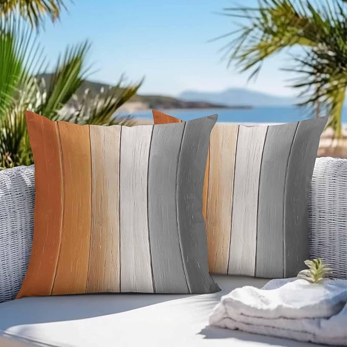 Throw Pillow Covers 24x24 Inch Set of 2, Burnt Orange Gray Ombre Waterproof Outdoor Cushion Covers, Vintage Farmhouse Wooden Decorative Pillowcases for Couch, Sofa, Bed, Garden, Patio