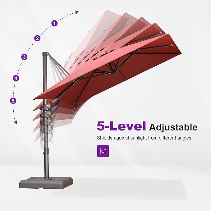 PURPLE LEAF 10' X 13' Patio Cantilever Umbrella with Base Rectangle Umbrella Outdoor with Aluminum Offset Antique Bronze Hanging and 360° Rotation for Pool Garden Deck Patio, Brick Red