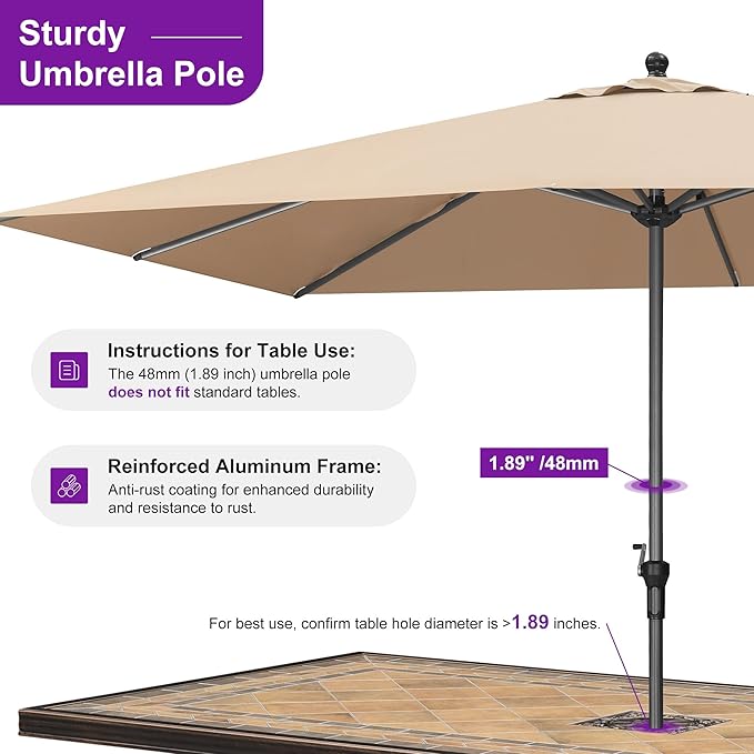 PURPLE LEAF 11.5' x 8' Rectangle Patio Market Umbrella with Base Outdoor Table Umbrellas Aluminum Frame Sun Shade with 8 Sturdy Ribs for Garden Deck Lawn Pool Taupe