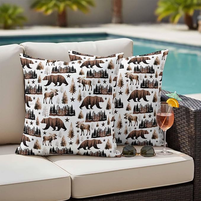 Brown Bear Elk Cabin Outdoor Pillow Covers 26x26 Inch Throw Pillow Covers Set of 2 Waterproof Decorative Pillow Cases Farmhousee Pine Tree Forest Cushion Covers for Patio Furniture Garden Couch Sofa