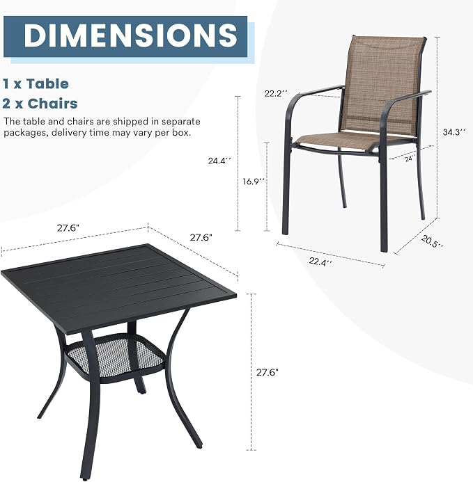 DIFY 3-Piece Outdoor Patio Bistro Dining Set, Black Small Square Dining Table & 2 Brown Stackable Metal Chairs with Breathable Fabric, Outdoor Furniture Set for Balcony, Porch, and Deck