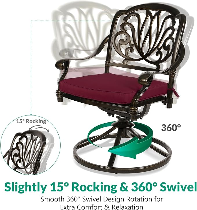 VIVIJASON 9-Piece Outdoor Dining Set, Cast Aluminum Retro Patio Furniture Table and Chairs Set for 8, Include 94.5" Rectangular Table and 8 Swivel Rocker Chairs with Umbrella Hole, Red Cushion