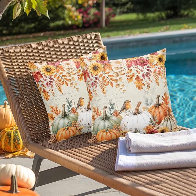 Orange White Pumpkins Fall Throw Pillow Covers 24x24 Inch Set of 2, Thanksgiving Waterproof Outdoor Pillow Covers, Sunflower Retro Decorative Cushion Pillowcases for Couch, Sofa, Bed, Garden, Patio