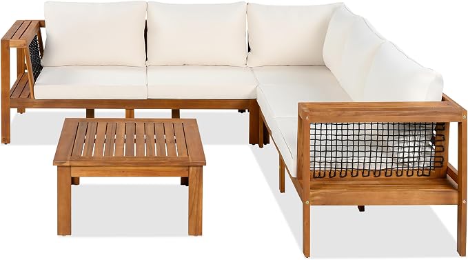 Merax 4 Pieces Patio Furniture Set, Outdoor L-Shaped Sectional Sofa Set with Coffee Table, Acacia Wood Conversation Seating & Thick Cushions and Side Table, for Backyard, Garden and Poolside, Beige