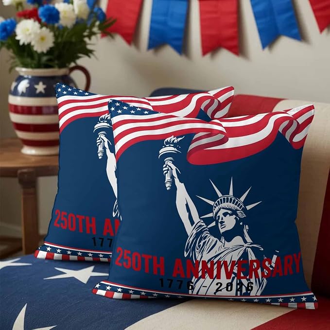 250th Anniversary Outdoor Pillow Covers 18"x18" Set of 2, Statue of Liberty Independence Day Waterproof Throw Pillow Covers for Patio Furniture, Decorative Cushion Covers for Porch