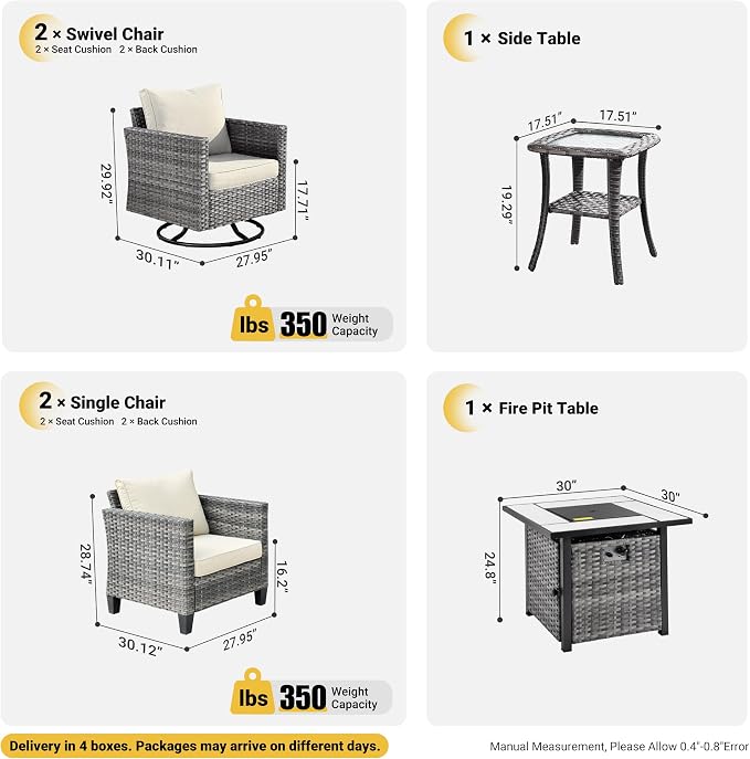 ovios 6 Pieces Patio Furniture Set, Outdoor Wicker Rattan Swivel Chairs with 30" Fire Pit Table, High Back Rocking Glider Chair Conversation Sets for Porch Deck, Beige